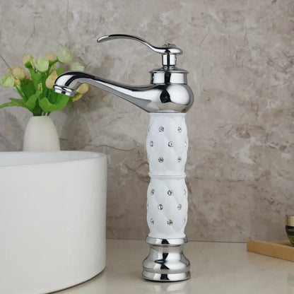 White ceramic faucet with chrome accents and embedded rhinestones for decorbites golden plated bathroom basin use