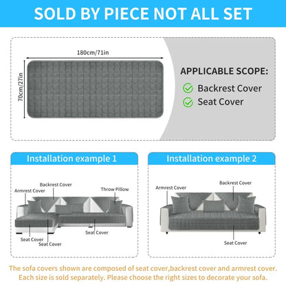 Quilted gray plush sofa cover with textured grid pattern for living room non slip slipcover
