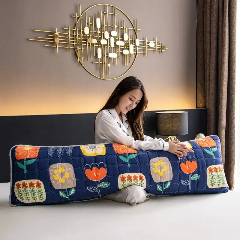 Blue quilted pillowcase cover with colorful floral patterns on dark blue decorbites colorful decorative pillowcase