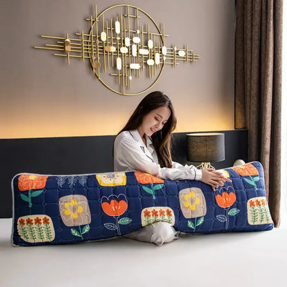 Blue quilted pillowcase cover with colorful floral patterns on dark blue decorbites colorful decorative pillowcase