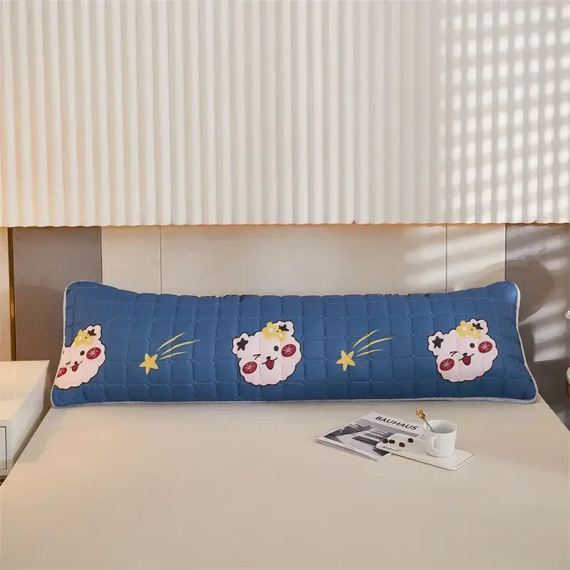 Blue quilted body pillow with embroidered pink bears and yellow stars in a decorbites colorful decorative pillowcase cover