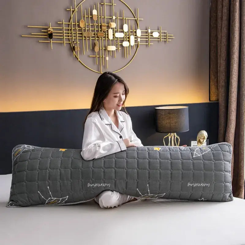 Gray quilted body pillow with white geometric embroidery and lindstrøm text in decorbites colorful decorative pillowcase cover