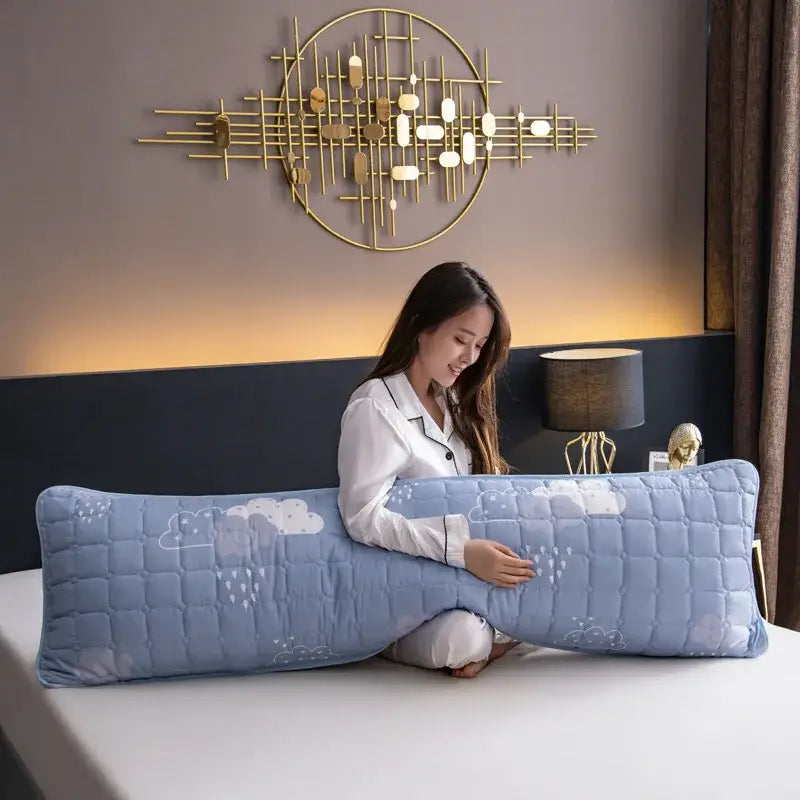 Light blue quilted pillowcase cover with white cloud and raindrop patterns from decorbites colorful decorative pillowcase collection