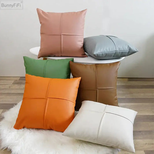 Bunnyfifi quilted ivory leather pillow cover with stitched panel design in muted pastel tones for living room decorbites decor