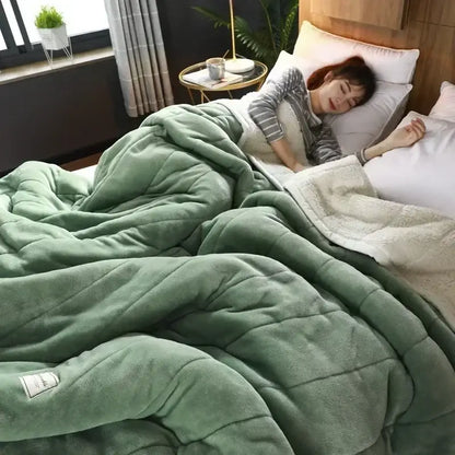 Soft moss green coral fleece blanket with quilted texture and cream lining from decorbites cozy bedroom bedding