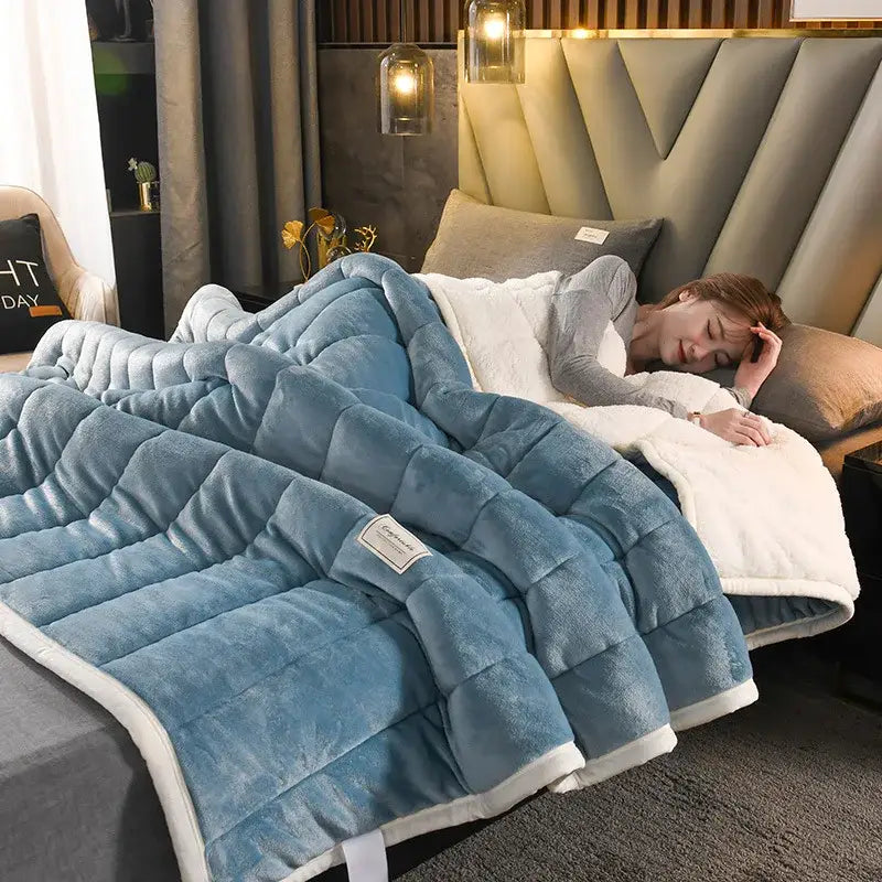 Blue quilted fleece bed blanket with white lining and trim made of decorbites cozy coral fleece for warm bedroom use