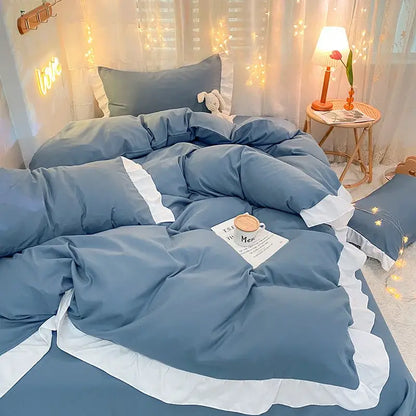 Quilted light blue and white ruffle duvet cover set with cozy layered design for bedroom bedding cover set