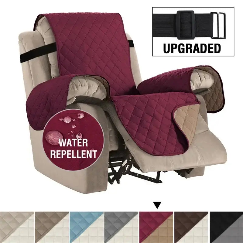 Maroon quilted recliner chair cover with black adjustable straps and water repellent fabric for living room use