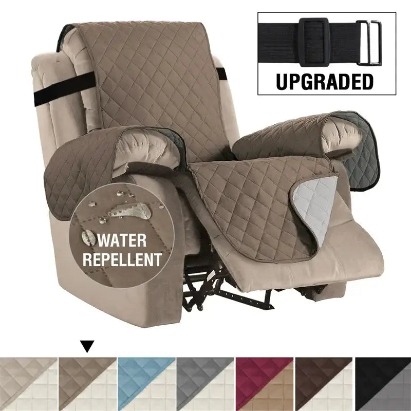 Beige quilted recliner chair cover with black adjustable straps made of water-repellent fabric for living room use
