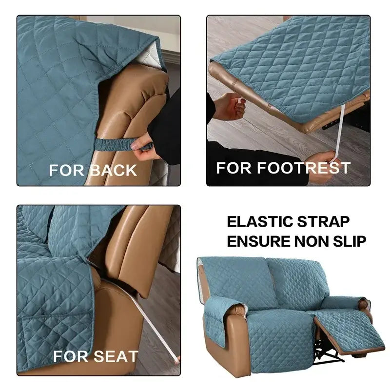 Blue quilted fabric recliner slipcover with elastic straps for secure fit in living room use