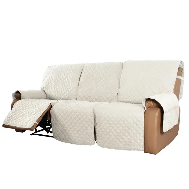 Cream-colored quilted sofa cover with diamond-stitched pattern for living room recliner slipcover mat