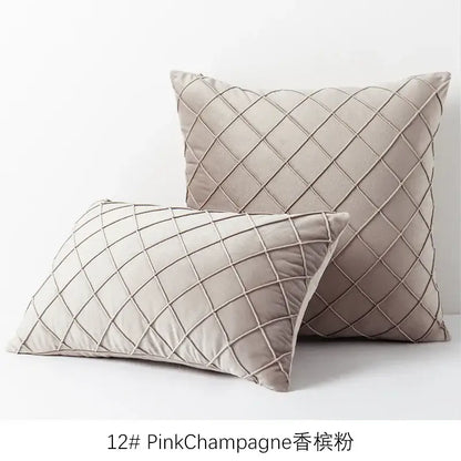 Beige velvet cushion cover with subtle diamond quilted embroidered lattice pattern for living room decor
