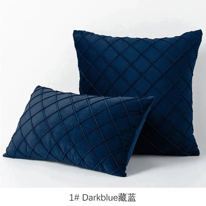 Dark blue velvet quilted lattice cushion cover featuring an embroidered diamond pattern for living room use