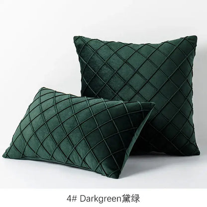 Dark green velvet quilted lattice cushion cover with diamond-embroidered design for living room pillow