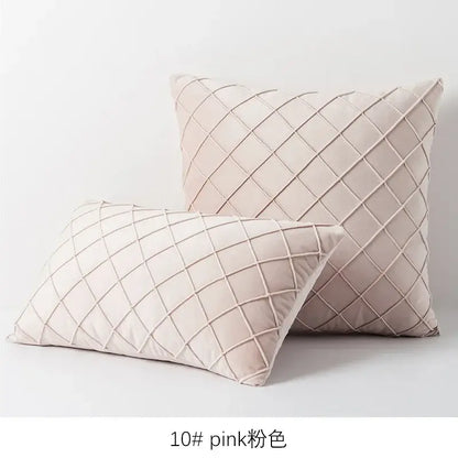 Soft blush pink velvet quilted lattice cushion cover featuring a subtle diamond embroidered lattice design for living room use