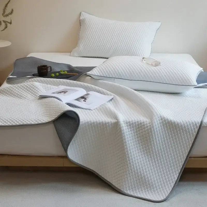 White quilted cooling mat and pillowcase set with subtle gray border for decorbites ice bean bedroom decor