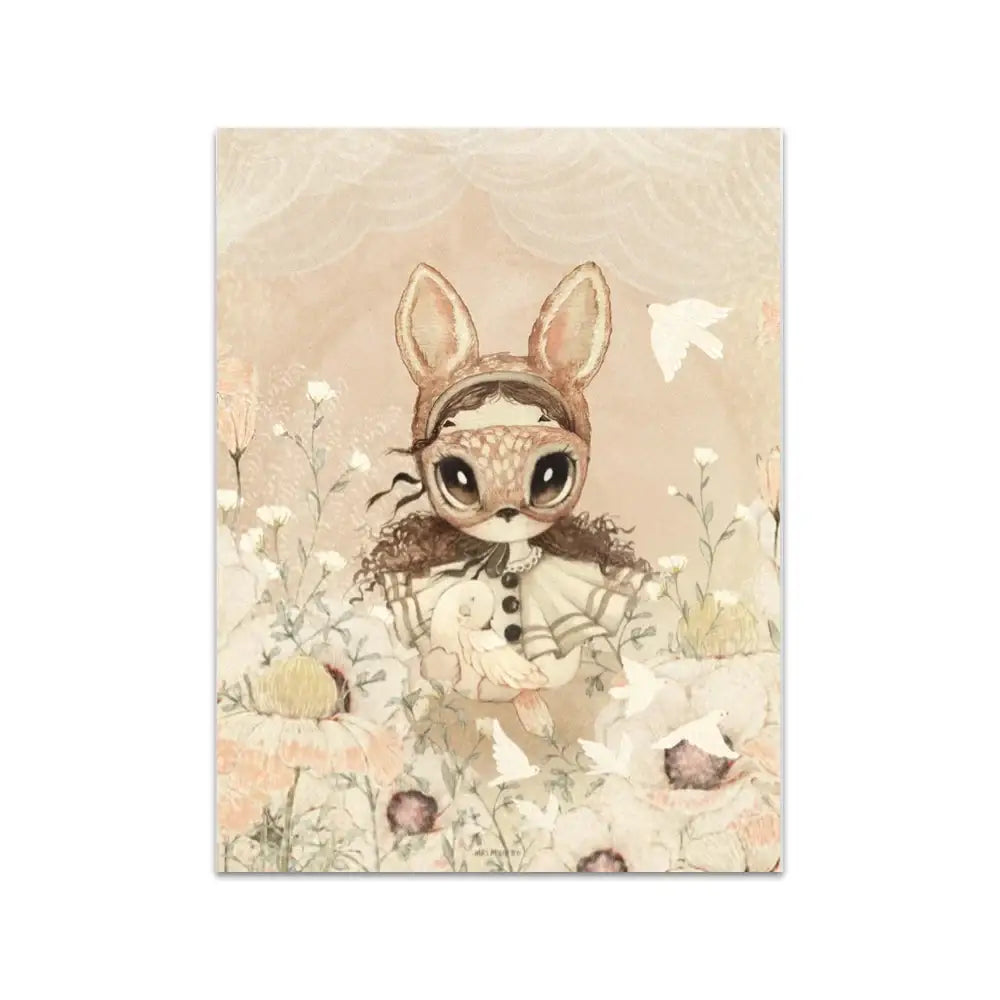 Decorbites™ beige rabbit girl canvas print for kids featuring a whimsical rabbit girl in a floral field design