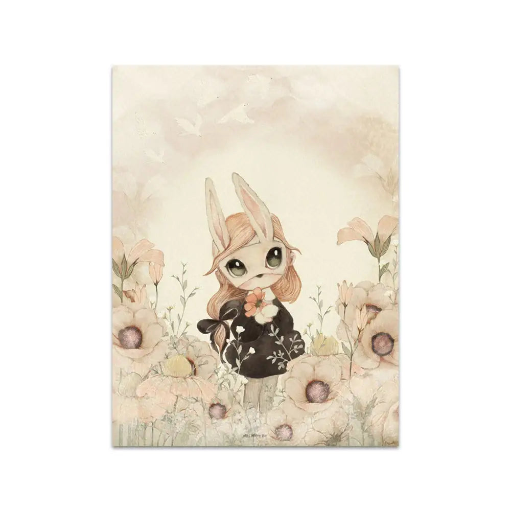 Delicate watercolor beige rabbit girl canvas print featuring chibi-style girl in black dress holding orange flower for kids room