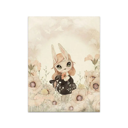 Delicate watercolor beige rabbit girl canvas print featuring chibi-style girl in black dress holding orange flower for kids room