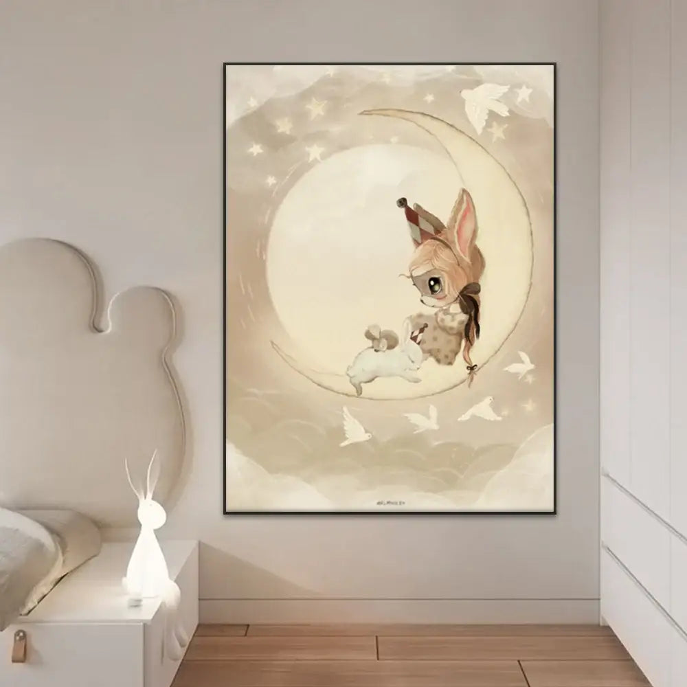 Decorbites™ beige rabbit girl canvas print featuring whimsical rabbit girl canvas illustration for kidsató room decor