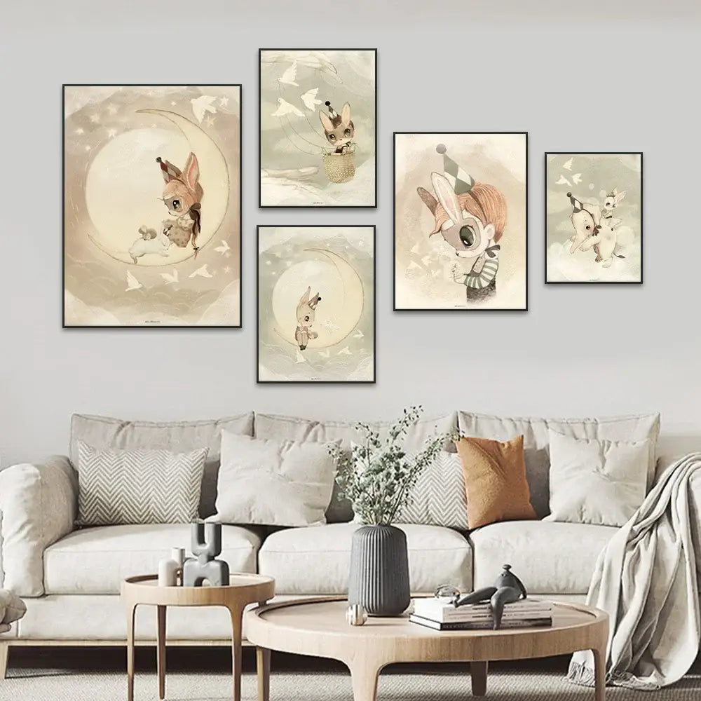 Set of five framed cartoon animal wall art prints featuring a beige rabbit girl canvas print for kids room decor