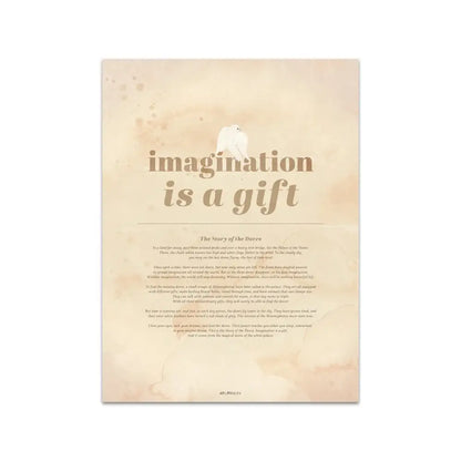 Decorbites™ beige rabbit girl canvas print featuring imagination is a gift text with dove illustration for kidsató room