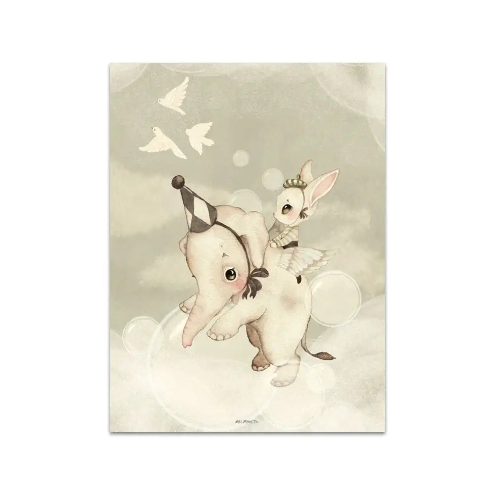 A soft beige rabbit girl canvas print featuring a white elephant and winged rabbit girl for kidsató room decorbites