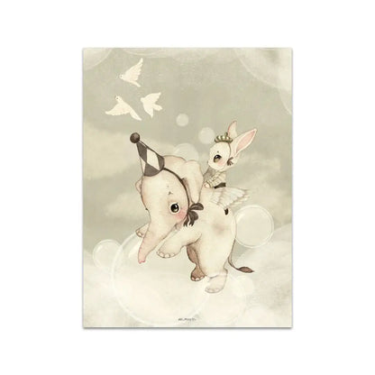 A soft beige rabbit girl canvas print featuring a white elephant and winged rabbit girl for kidsató room decorbites