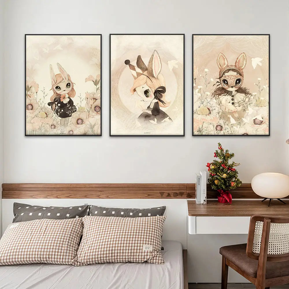 Three framed beige rabbit girl canvas prints with stylized bunny characters and floral backgrounds for kidsató room decor