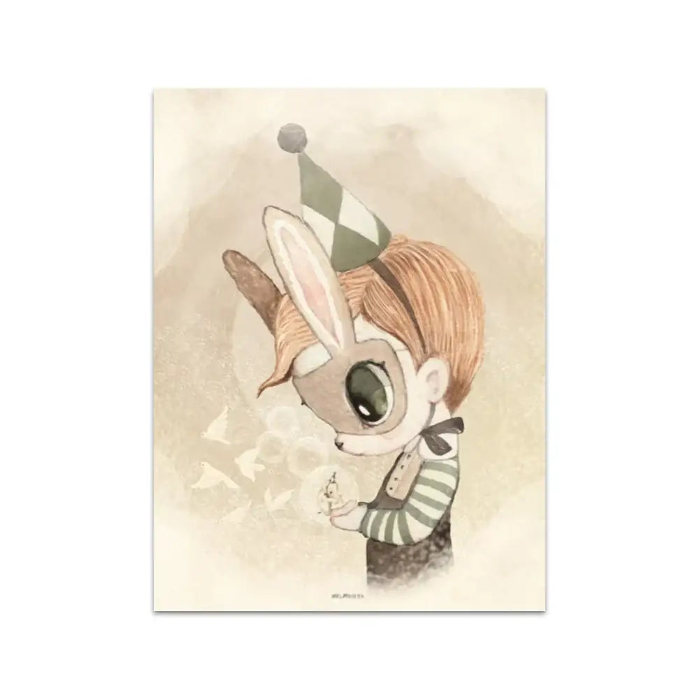 A beige rabbit girl canvas print featuring a charming bunny with a party hat for kidsató room decor