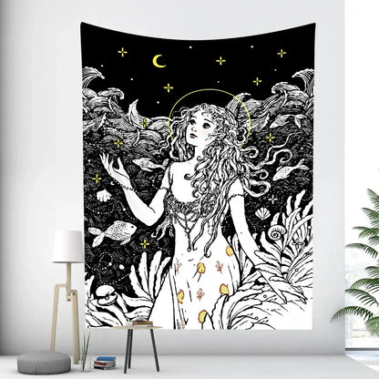 Black and white illustrated decorbites boho girl tapestry featuring celestial woman with sea creatures for bedroom wall art
