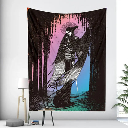 A black and white boho girl tapestry featuring a winged skeleton in a forest with a pink to blue gradient decorbites boho decor