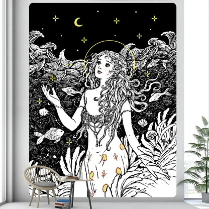 Black and white boho girl tapestry by decorbites featuring a celestial woman with stars and coral for bedroom decor