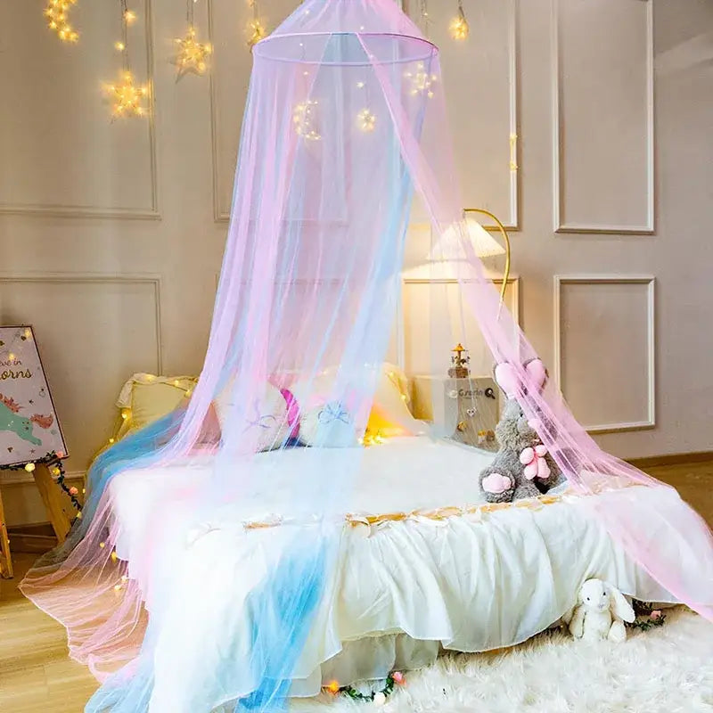 Pastel rainbow-colored sheer mesh hanging mosquito nets with delicate star-shaped lights for bedroom canopy use