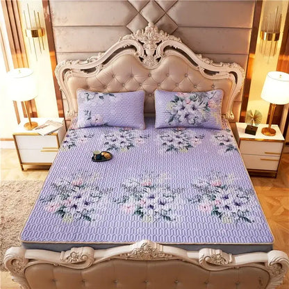 Lavender floral quilted bed pad with pink and blue blossoms on textured surface for decorbites cartoon print mattress set