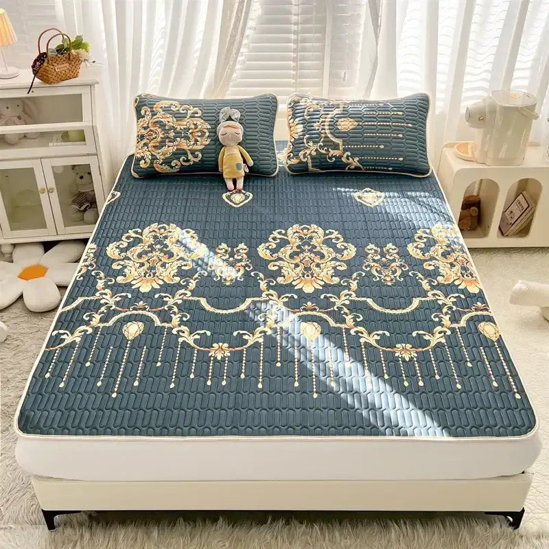 Blue and gold ornate patterned cooling mattress pad with quilted texture from decorbites cartoon print mattress set