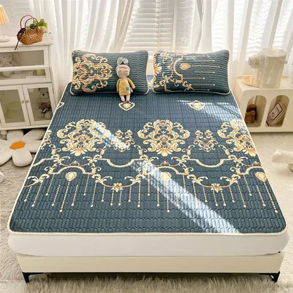 Blue and gold ornate patterned cooling mattress pad with quilted texture from decorbites cartoon print mattress set