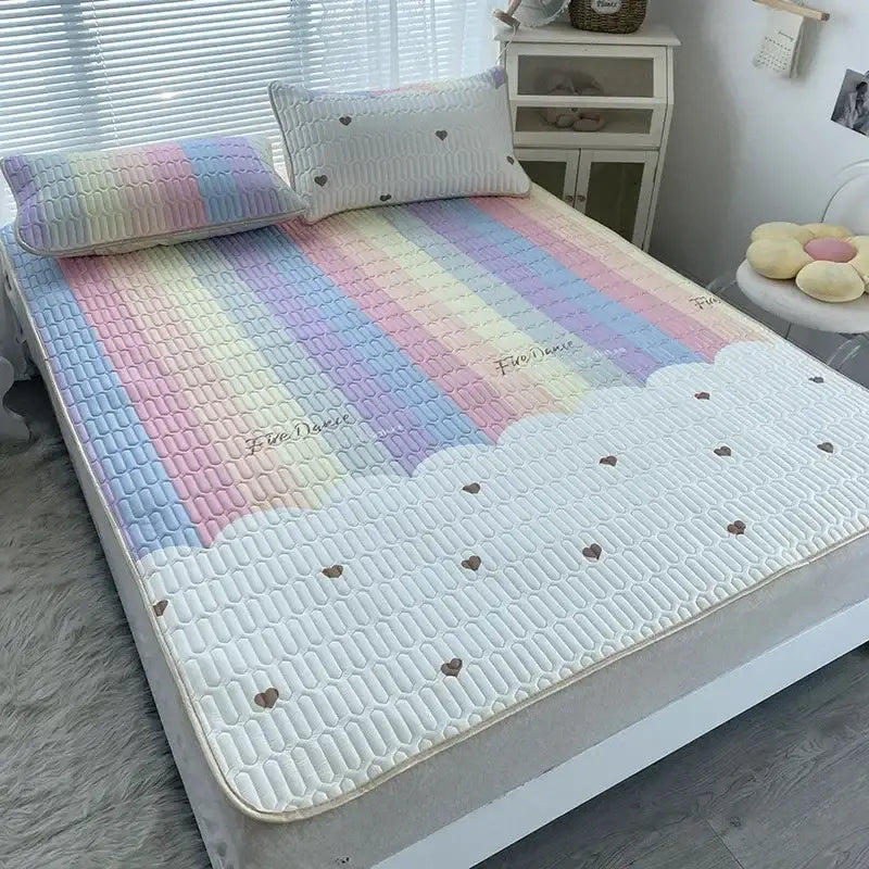 Rainbow striped cartoon print mattress set with quilted cushion featuring white cloud design and heart embroidery decorbites cartoon print