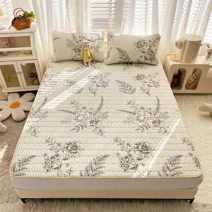 White quilted bed pad with delicate black floral pattern in decorbites cartoon print mattress set bedroom quilted cushion
