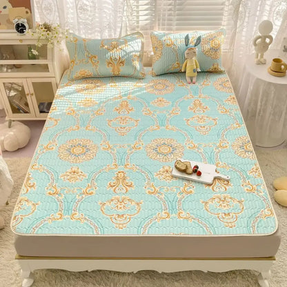Light blue quilted mattress set with gold ornate damask pattern and matching pillowcases decorbites cartoon print