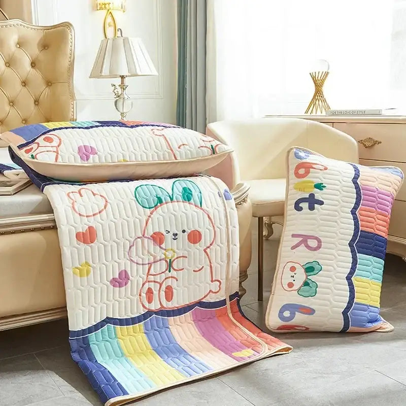 Rainbow striped cartoon print mattress set quilt with decorbites cartoon print bunny design and soft stitched fabric