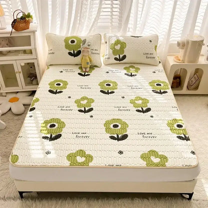 White quilted bed pad with green floral patterns and love me forever text for decorbites cartoon print mattress set