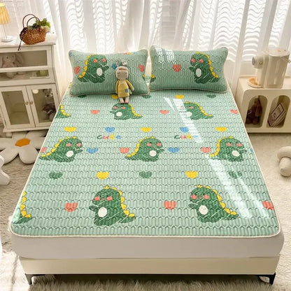 Light green quilted cooling mattress pad with yellow spine dinosaur cartoon print for decorbites mattress set
