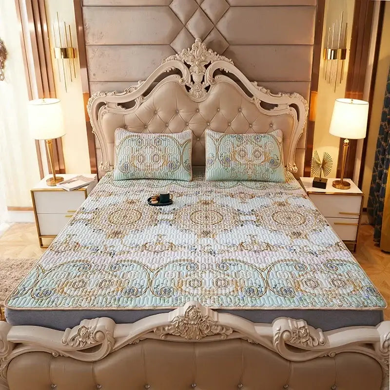 Beige and gold patterned quilted bedspread with ornate tufting on cartoon print mattress set by decorbites cartoon print