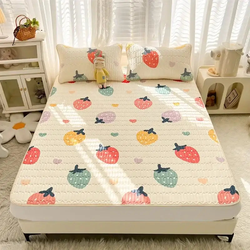 Cream-colored quilted mattress set cushion with colorful strawberry and heart cartoon print by decorbites cartoon print