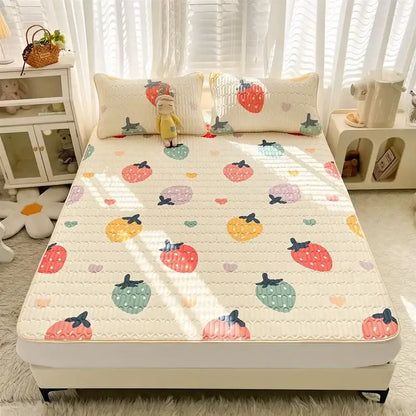 Cream-colored quilted mattress set cushion with colorful strawberry and heart cartoon print by decorbites cartoon print