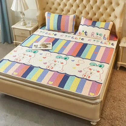Rainbow striped quilted cooling mattress pad with embroidered cartoon rabbits and hearts on cream background decorbites cartoon print mattress set