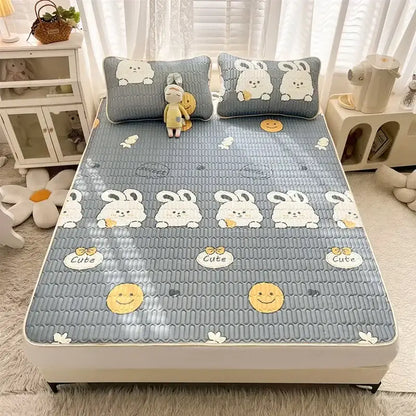 Gray quilted cooling mattress pad with cute white bunny and yellow smiley faces in decorbites cartoon print mattress set