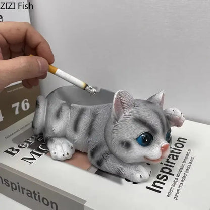 Realistic gray and white striped kitten resin ash tray with blue eyes and pink nose for office table decor