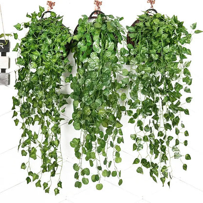 Three hanging decorbites ivy bar baskets with lush green artificial ivy leaves in dark brown woven baskets for living room decor